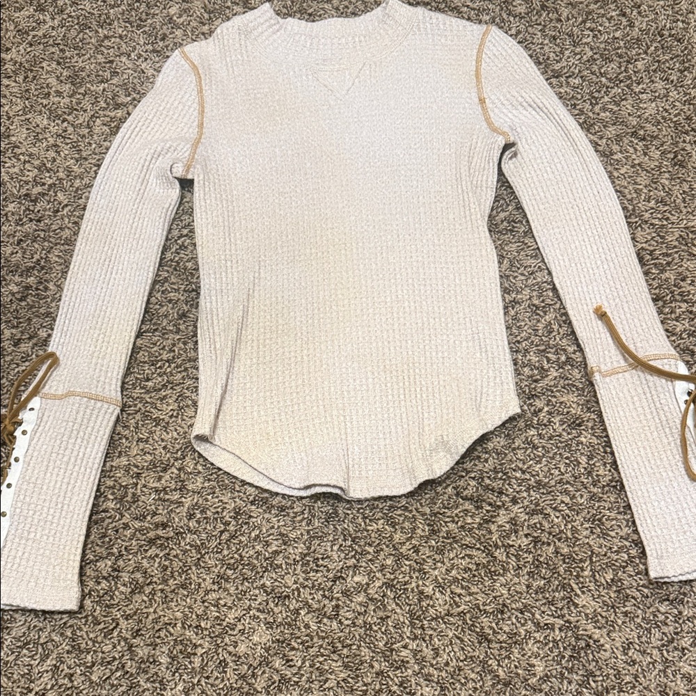 Free People Cream Long Sleeve Top with Tan Accents